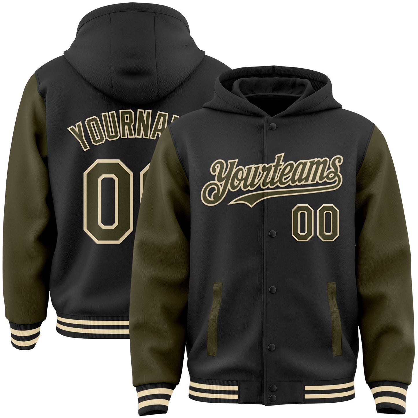 Custom Black Olive-Cream Bomber Full-Snap Varsity Letterman Two Tone Hoodie Jacket - Main View