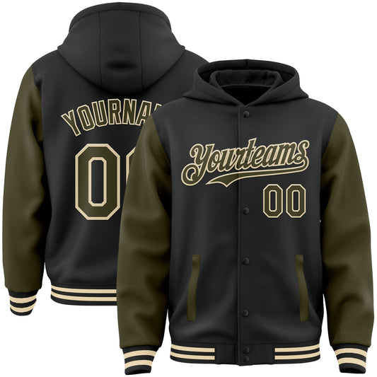 Custom Black Olive-Cream Bomber Full-Snap Varsity Letterman Two Tone Hoodie Jacket - Main View