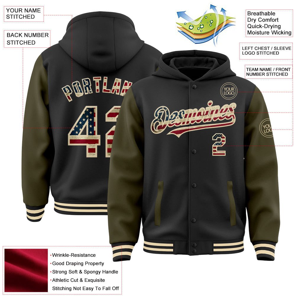 Custom Black Vintage USA Flag Olive-Cream Bomber Full-Snap Varsity Letterman Two Tone Hoodie Jacket view 3