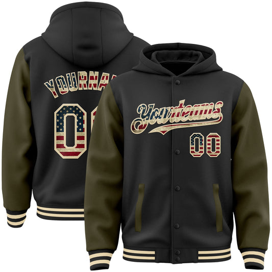 Custom Black Vintage USA Flag Olive-Cream Bomber Full-Snap Varsity Letterman Two Tone Hoodie Jacket - Main View
