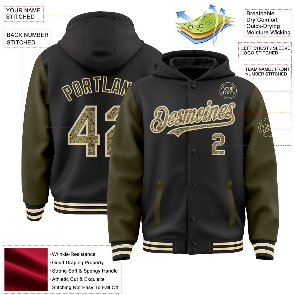 Custom Black Camo Olive-Cream Bomber Full-Snap Varsity Letterman Two Tone Hoodie Jacket view 3