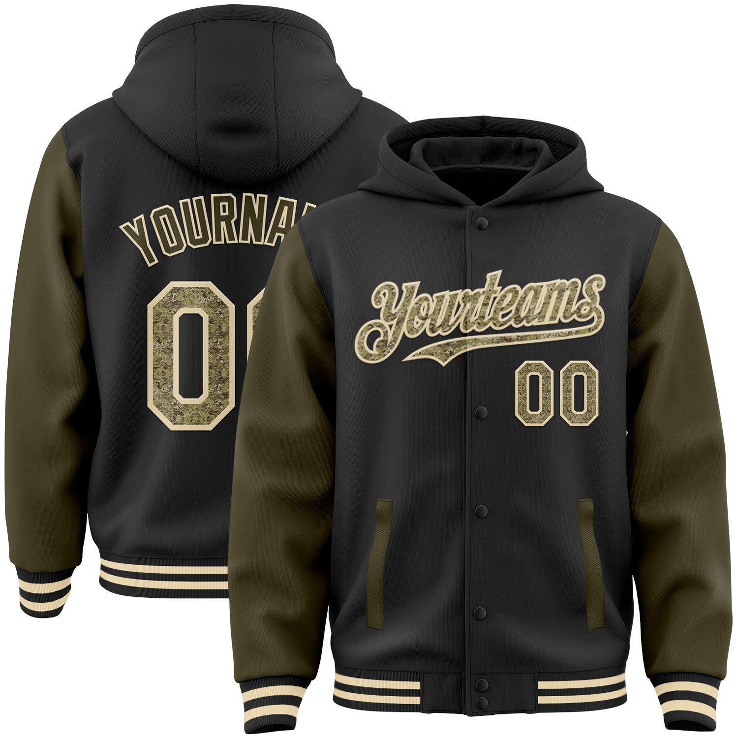 Custom Black Camo Olive-Cream Bomber Full-Snap Varsity Letterman Two Tone Hoodie Jacket - Main View