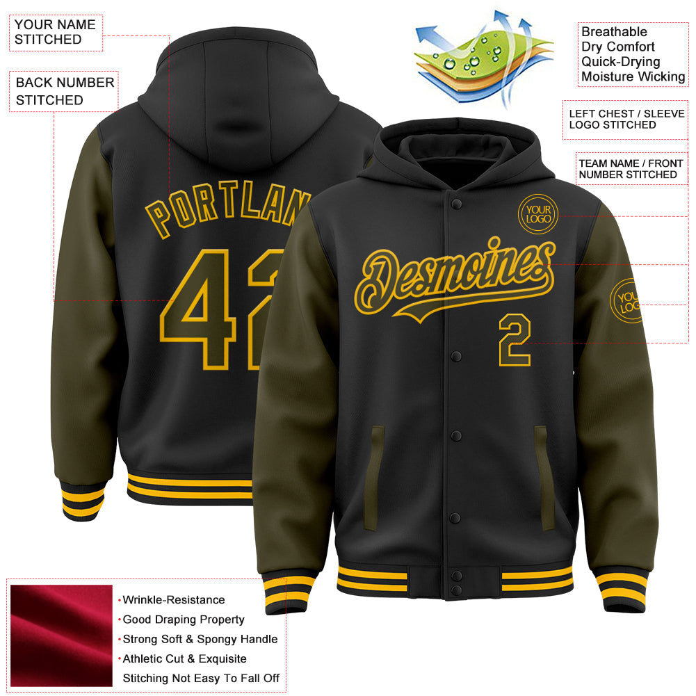 Custom Black Olive-Gold Bomber Full-Snap Varsity Letterman Two Tone Hoodie Jacket view 3