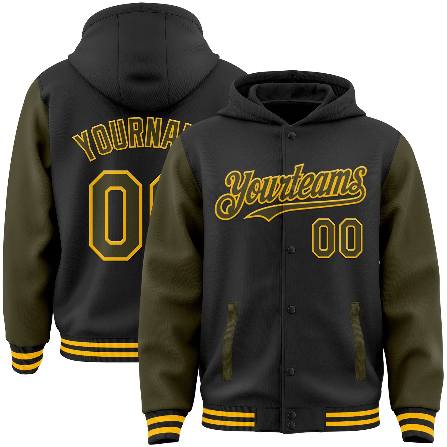 Custom Black Olive-Gold Bomber Full-Snap Varsity Letterman Two Tone Hoodie Jacket - Main View