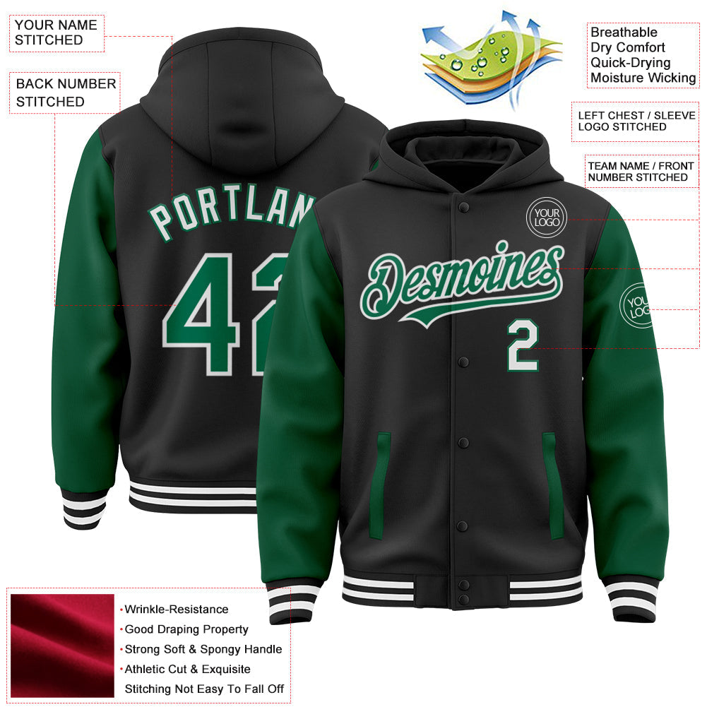 Custom Black Kelly Green-White Bomber Full-Snap Varsity Letterman Two Tone Hoodie Jacket view 3