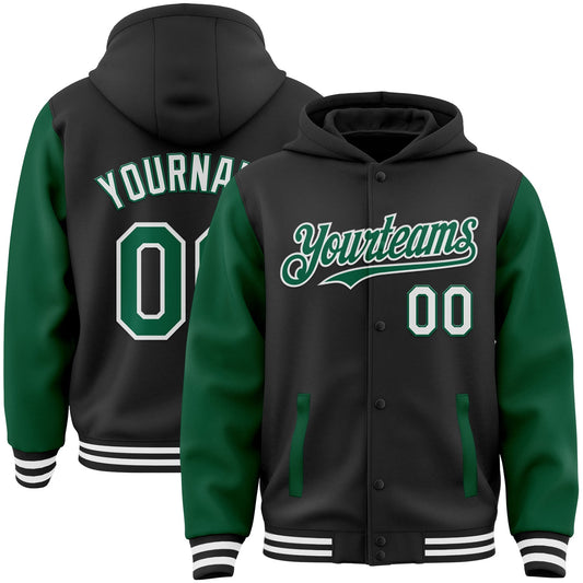 Custom Black Kelly Green-White Bomber Full-Snap Varsity Letterman Two Tone Hoodie Jacket - Main View