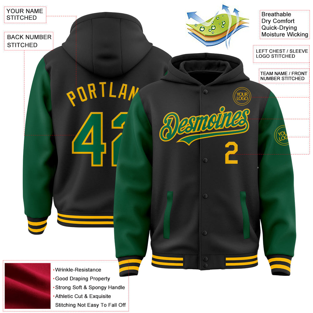 Custom Black Kelly Green-Gold Bomber Full-Snap Varsity Letterman Two Tone Hoodie Jacket view 3