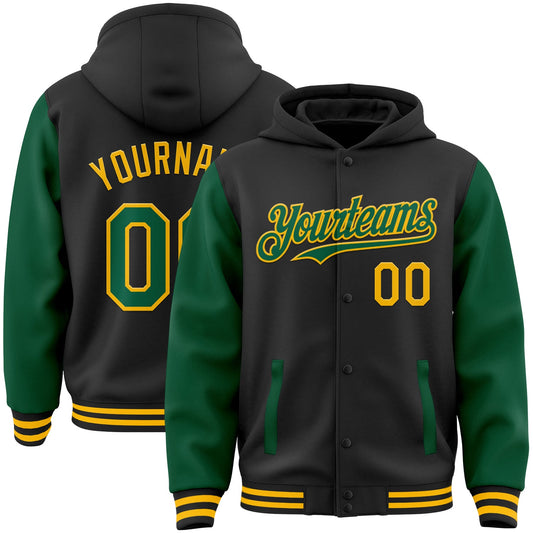 Custom Black Kelly Green-Gold Bomber Full-Snap Varsity Letterman Two Tone Hoodie Jacket - Main View