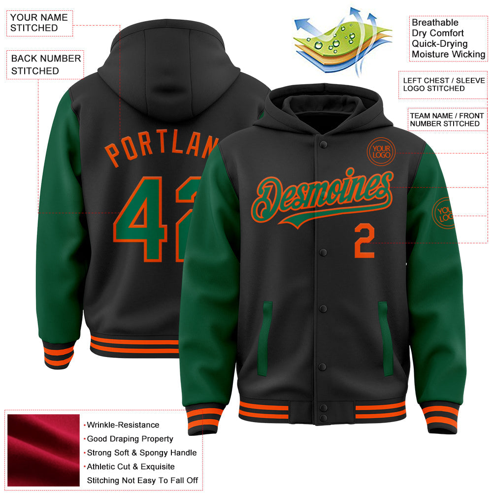 Custom Black Kelly Green-Orange Bomber Full-Snap Varsity Letterman Two Tone Hoodie Jacket view 3