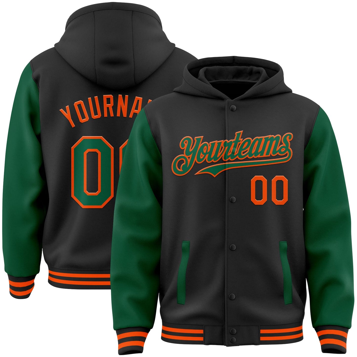 Custom Black Kelly Green-Orange Bomber Full-Snap Varsity Letterman Two Tone Hoodie Jacket - Main View