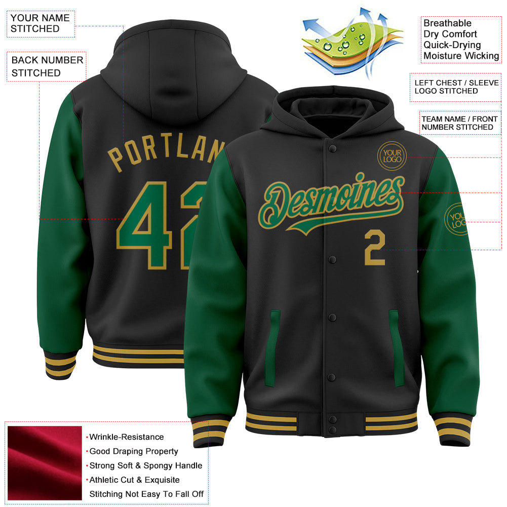 Custom Black Kelly Green-Old Gold Bomber Full-Snap Varsity Letterman Two Tone Hoodie Jacket view 3
