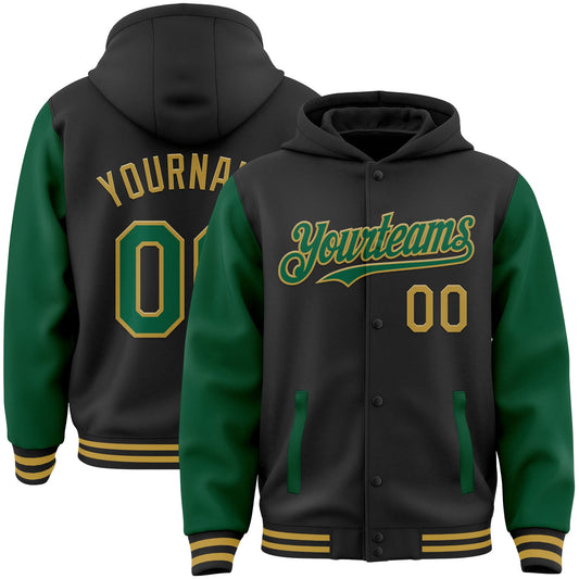 Custom Black Kelly Green-Old Gold Bomber Full-Snap Varsity Letterman Two Tone Hoodie Jacket - Main View