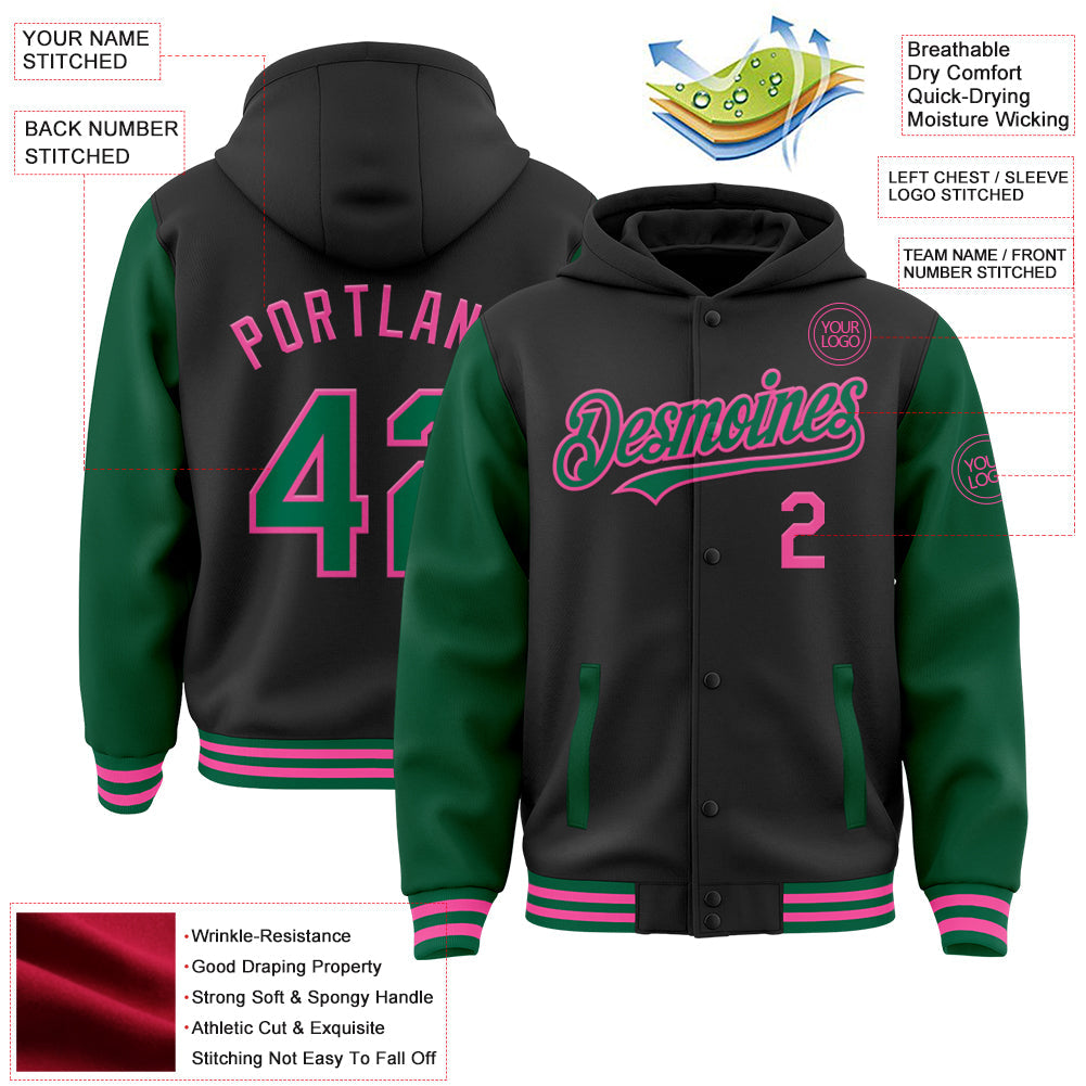 Custom Black Kelly Green-Pink Bomber Full-Snap Varsity Letterman Two Tone Hoodie Jacket view 3