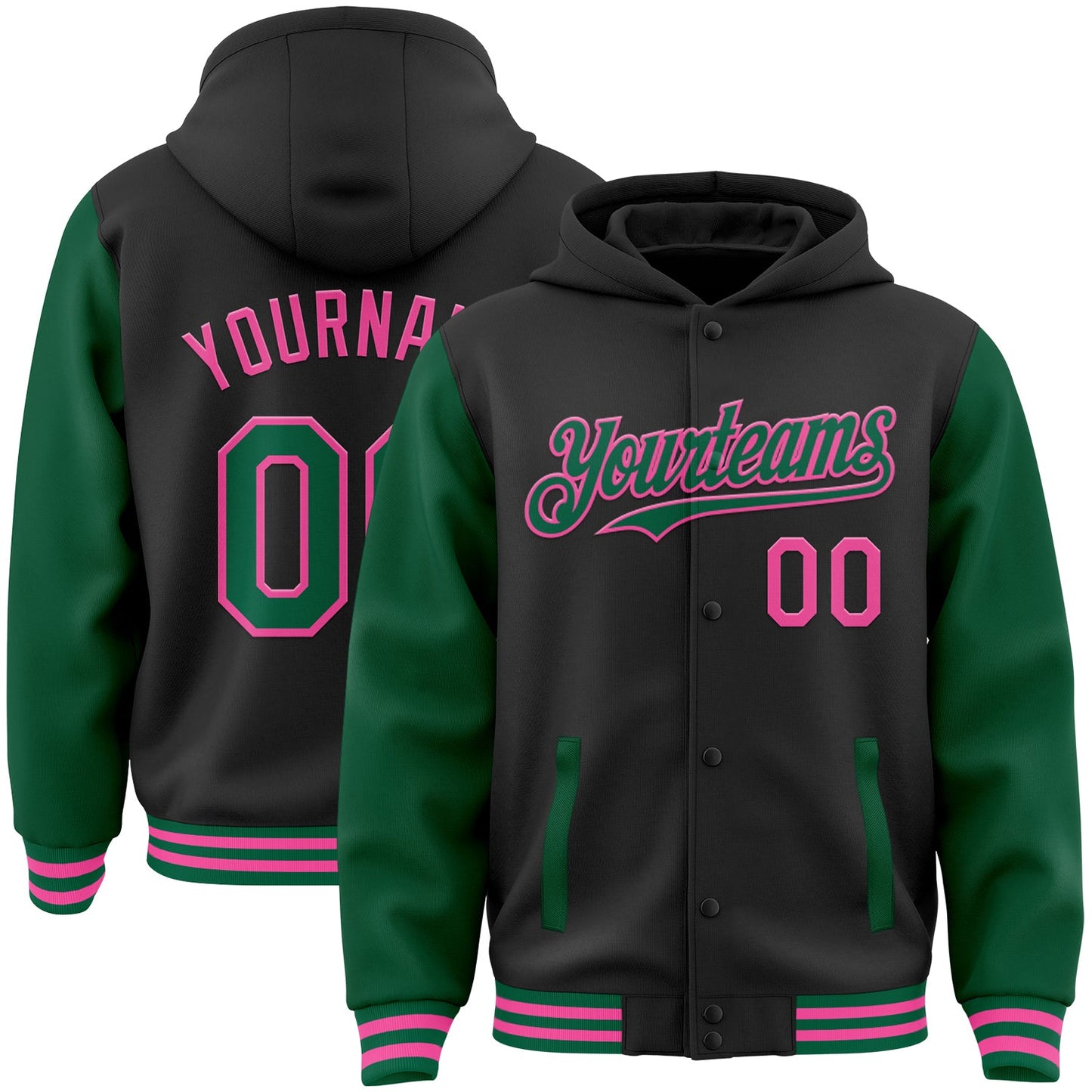 Custom Black Kelly Green-Pink Bomber Full-Snap Varsity Letterman Two Tone Hoodie Jacket - Main View
