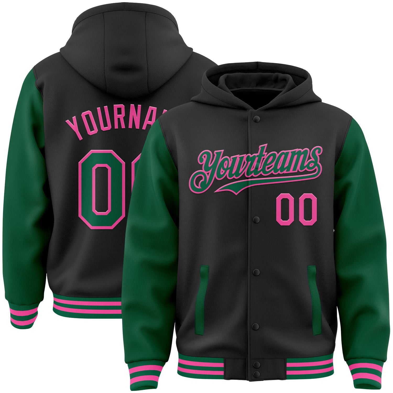 Custom Black Kelly Green-Pink Bomber Full-Snap Varsity Letterman Two Tone Hoodie Jacket - Main View