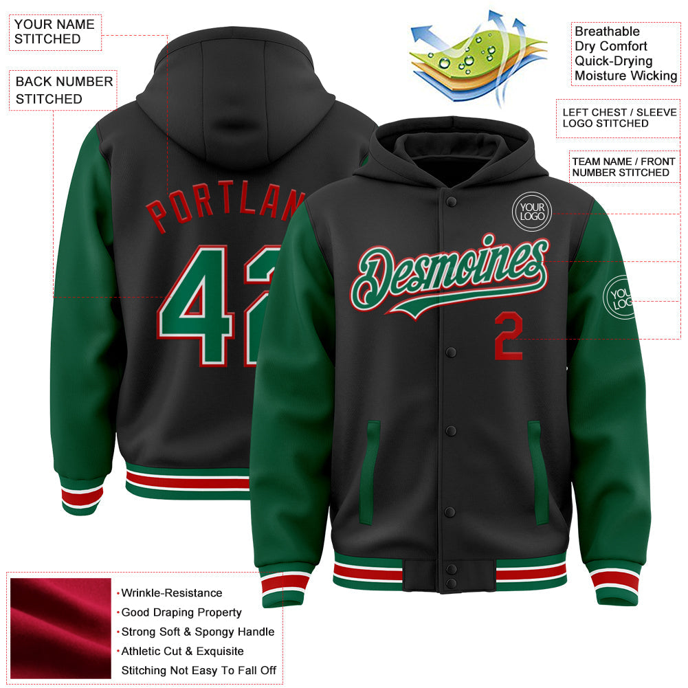 Custom Black Kelly Green-Red Bomber Full-Snap Varsity Letterman Two Tone Hoodie Jacket view 3