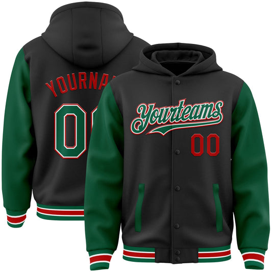 Custom Black Kelly Green-Red Bomber Full-Snap Varsity Letterman Two Tone Hoodie Jacket - Main View