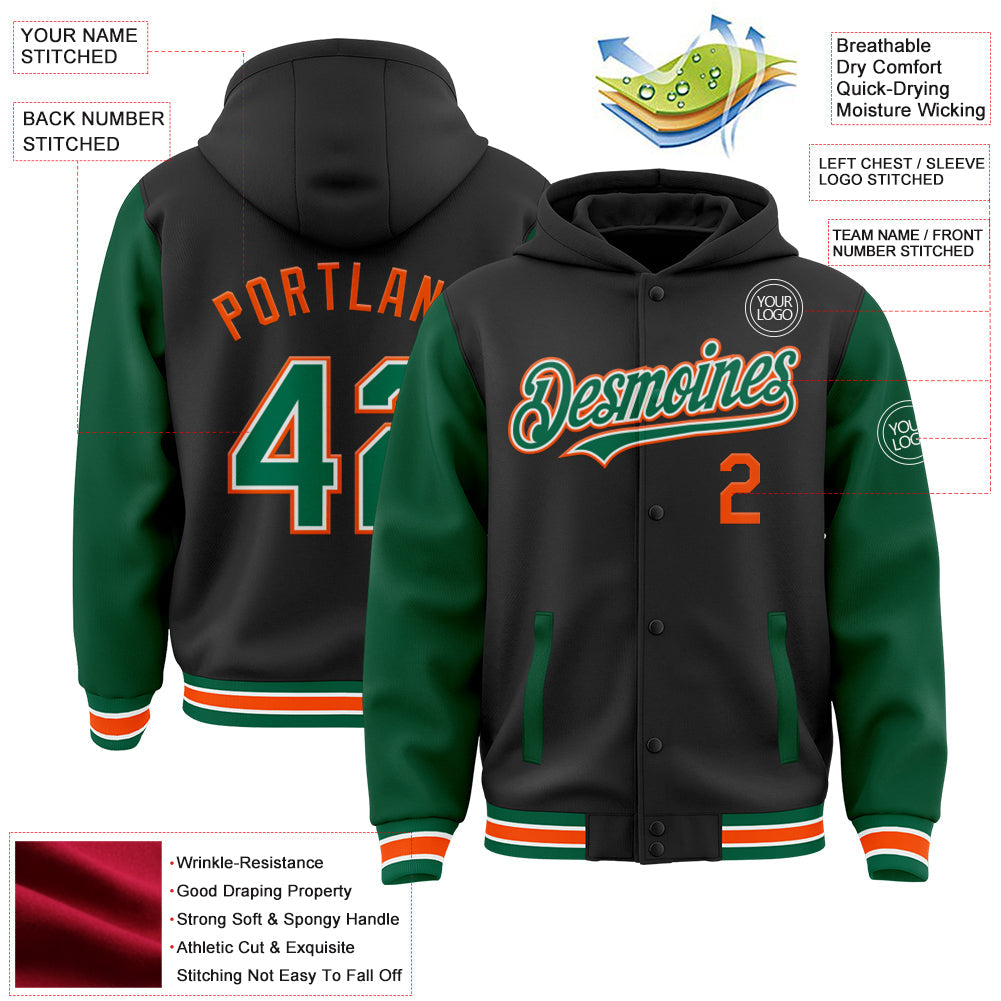 Custom Black Kelly Green-Orange Bomber Full-Snap Varsity Letterman Two Tone Hoodie Jacket view 3