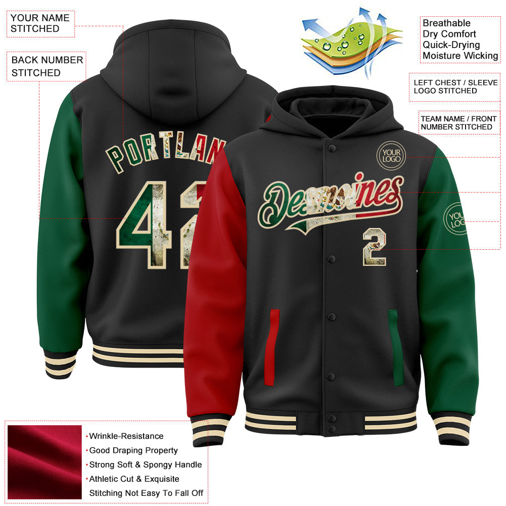 Custom Black Vintage Mexican Flag Kelly Green Red-Cream Bomber Full-Snap Varsity Letterman Two Tone Hoodie Jacket view 3