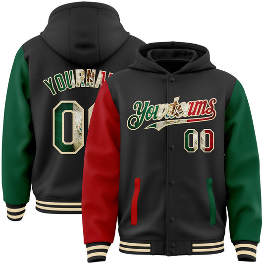Custom Black Vintage Mexican Flag Kelly Green Red-Cream Bomber Full-Snap Varsity Letterman Two Tone Hoodie Jacket - Main View