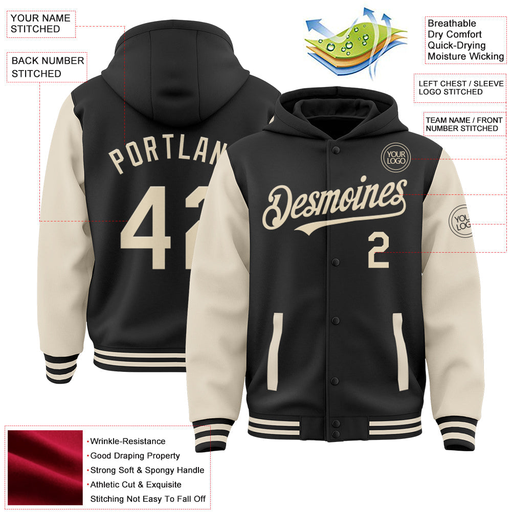 Custom Black Cream Bomber Full-Snap Varsity Letterman Two Tone Hoodie Jacket view 3