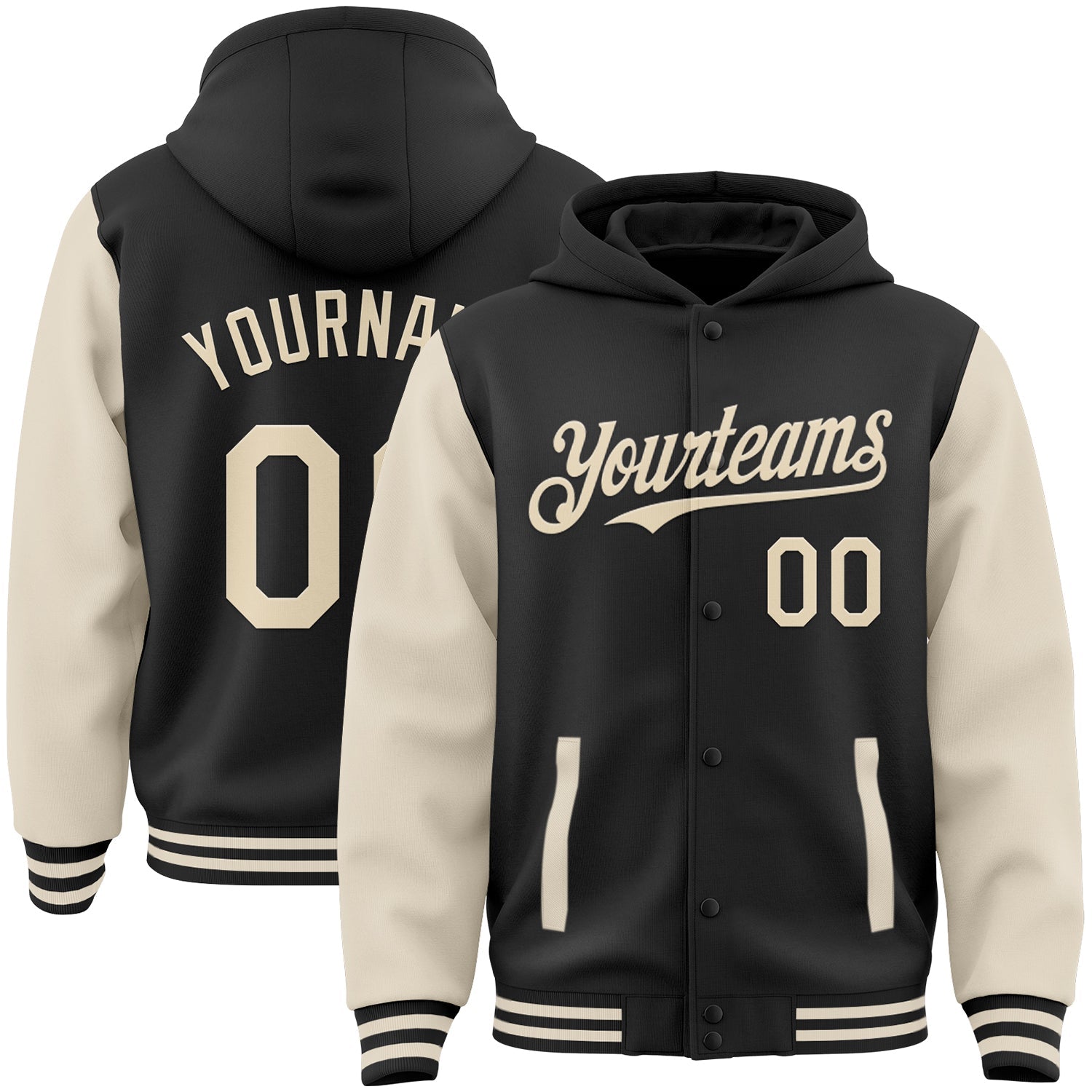 Custom Black Cream Bomber Full-Snap Varsity Letterman Two Tone Hoodie Jacket - Main View