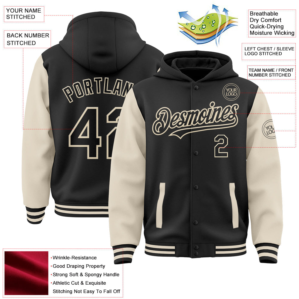 Custom Black Cream Bomber Full-Snap Varsity Letterman Two Tone Hoodie Jacket view 3