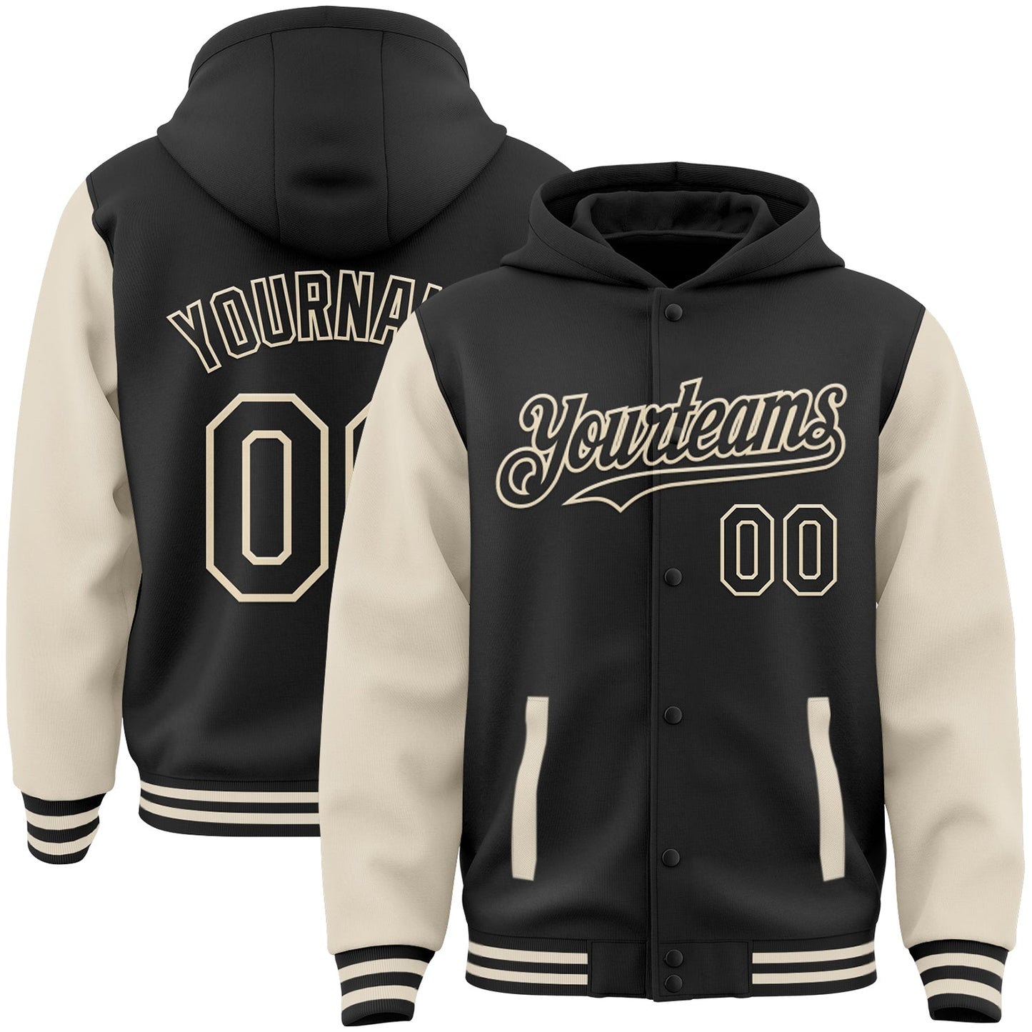 Custom Black Cream Bomber Full-Snap Varsity Letterman Two Tone Hoodie Jacket - Main View