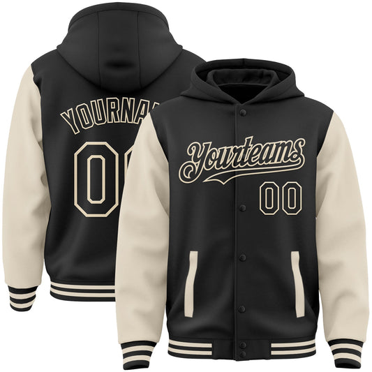 Custom Black Cream Bomber Full-Snap Varsity Letterman Two Tone Hoodie Jacket - Main View