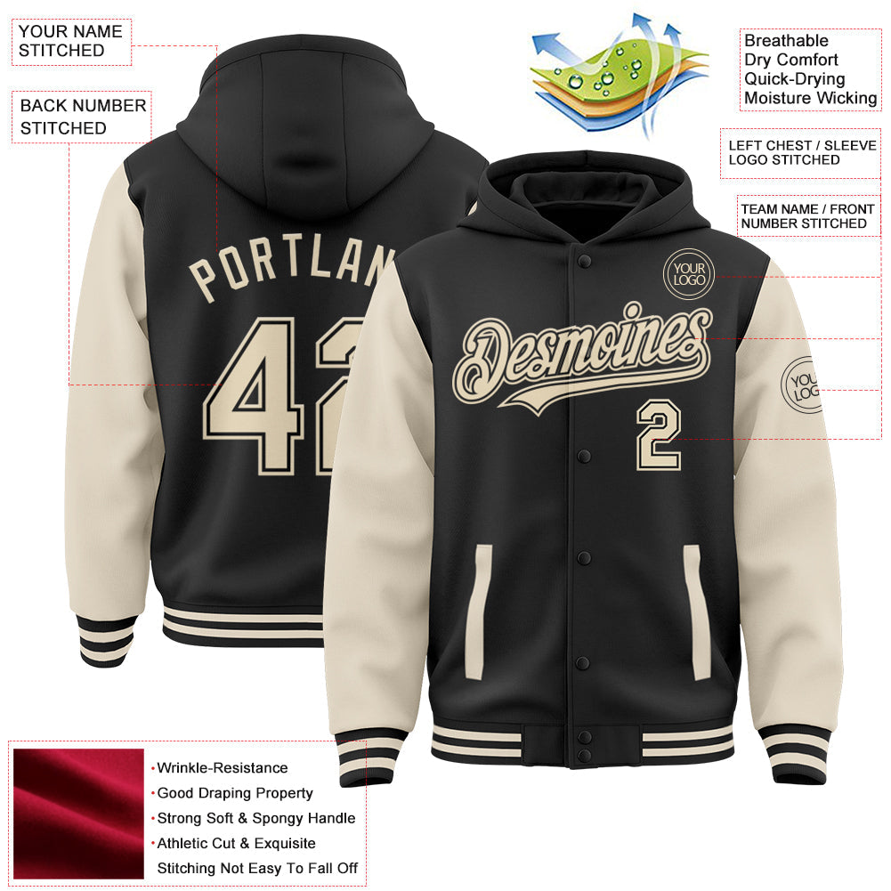Custom Black Cream Bomber Full-Snap Varsity Letterman Two Tone Hoodie Jacket view 3