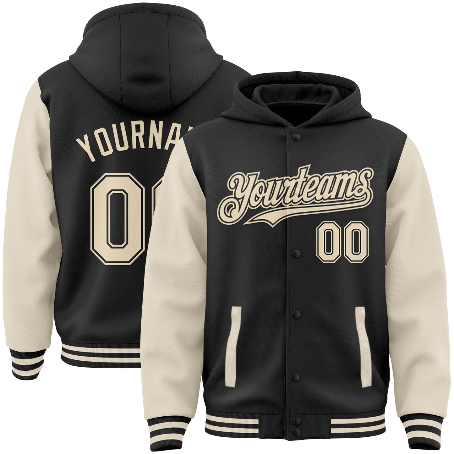 Custom Black Cream Bomber Full-Snap Varsity Letterman Two Tone Hoodie Jacket - Main View