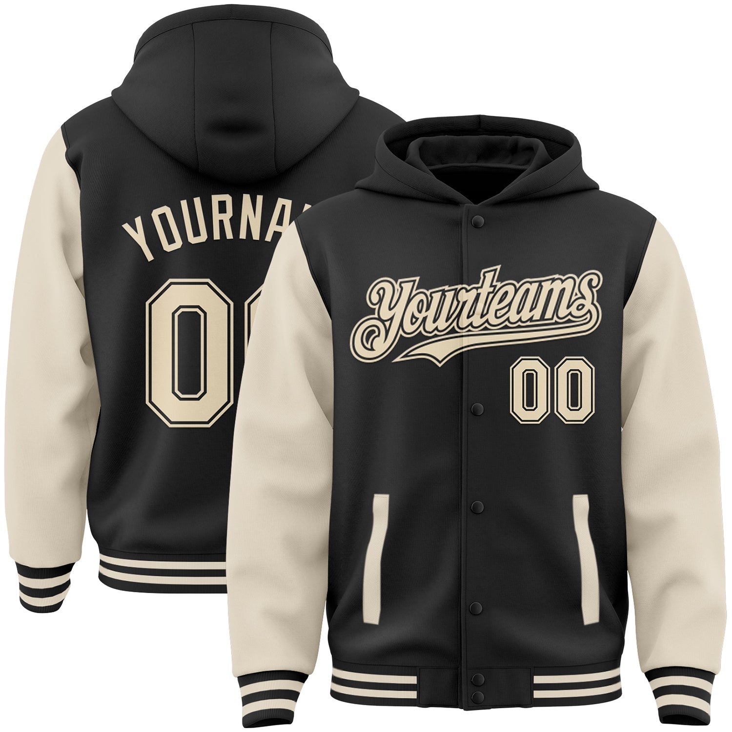 Custom Black Cream Bomber Full-Snap Varsity Letterman Two Tone Hoodie Jacket - Main View