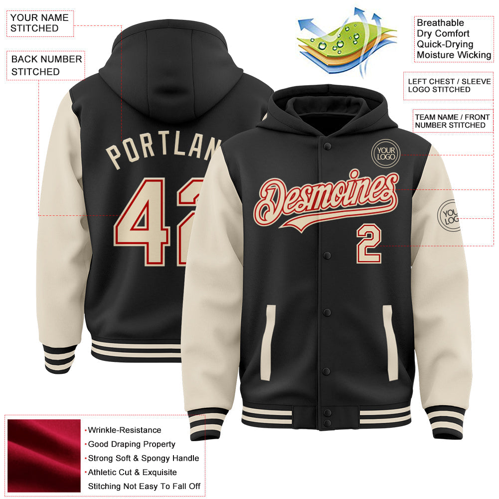 Custom Black Cream-Red Bomber Full-Snap Varsity Letterman Two Tone Hoodie Jacket view 3