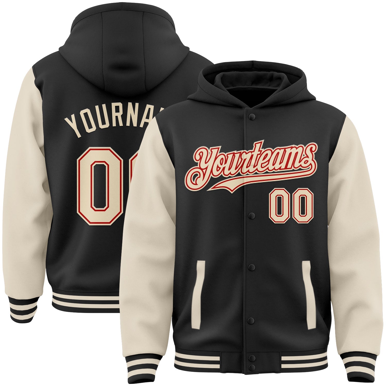 Custom Black Cream-Red Bomber Full-Snap Varsity Letterman Two Tone Hoodie Jacket - Main View