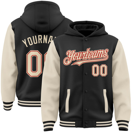 Custom Black Cream-Red Bomber Full-Snap Varsity Letterman Two Tone Hoodie Jacket - Main View
