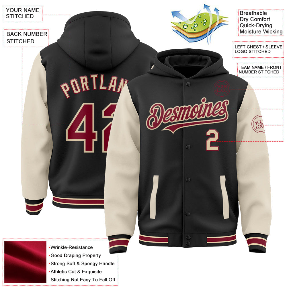 Custom Black Crimson Cream-City Cream Bomber Full-Snap Varsity Letterman Two Tone Hoodie Jacket view 3