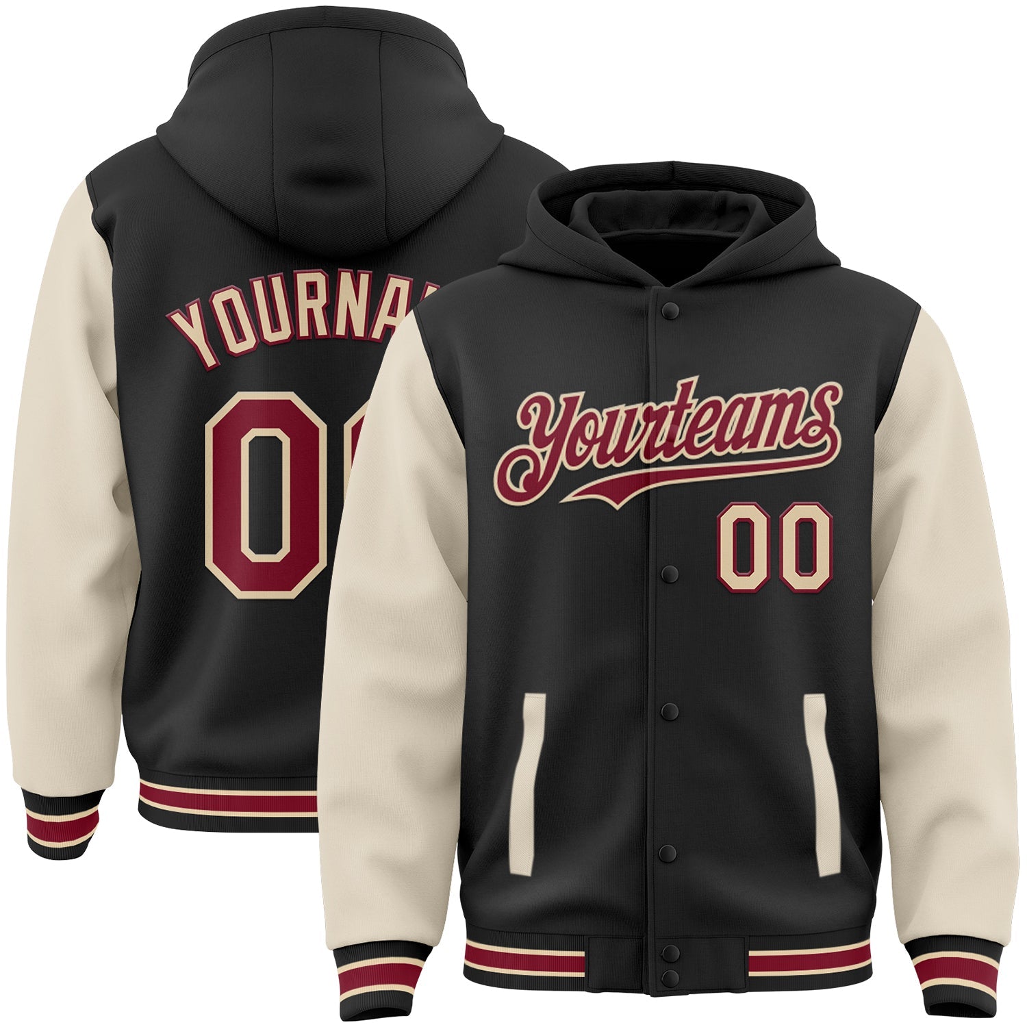 Custom Black Crimson Cream-City Cream Bomber Full-Snap Varsity Letterman Two Tone Hoodie Jacket - Main View