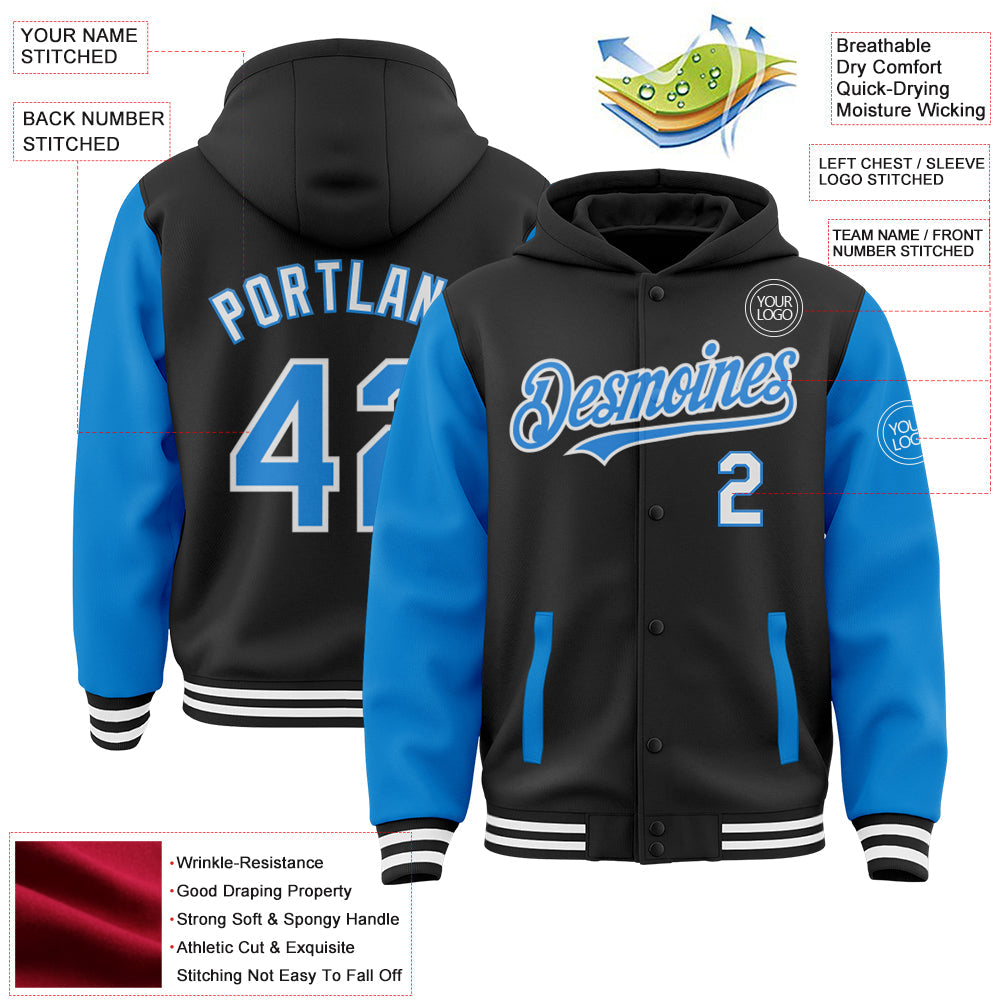 Custom Black Powder Blue-White Bomber Full-Snap Varsity Letterman Two Tone Hoodie Jacket view 3
