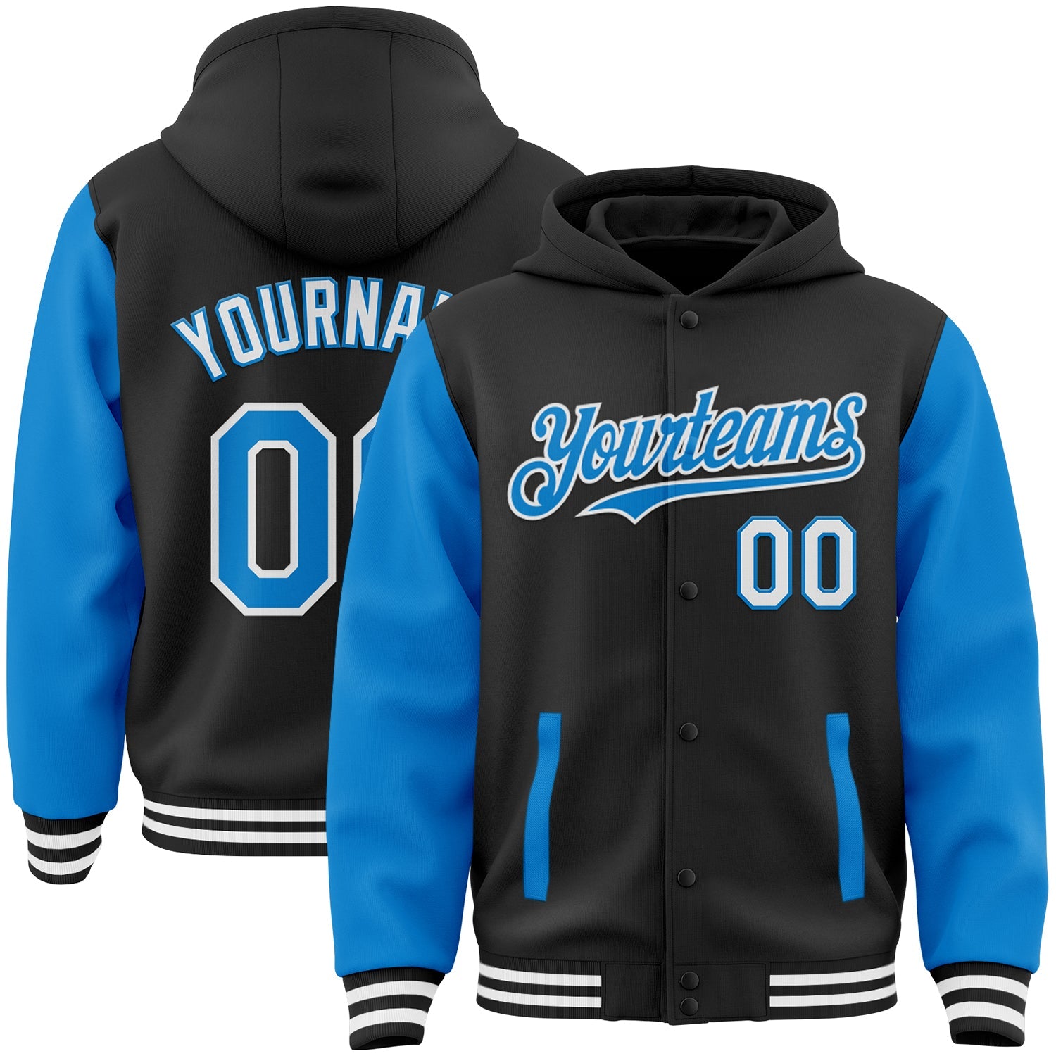 Custom Black Powder Blue-White Bomber Full-Snap Varsity Letterman Two Tone Hoodie Jacket - Main View