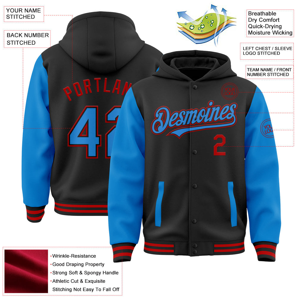 Custom Black Powder Blue-Red Bomber Full-Snap Varsity Letterman Two Tone Hoodie Jacket view 3