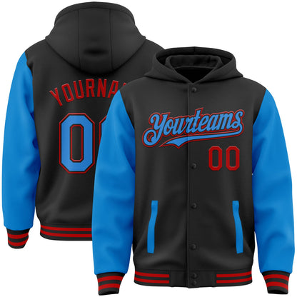 Custom Black Powder Blue-Red Bomber Full-Snap Varsity Letterman Two Tone Hoodie Jacket - Main View