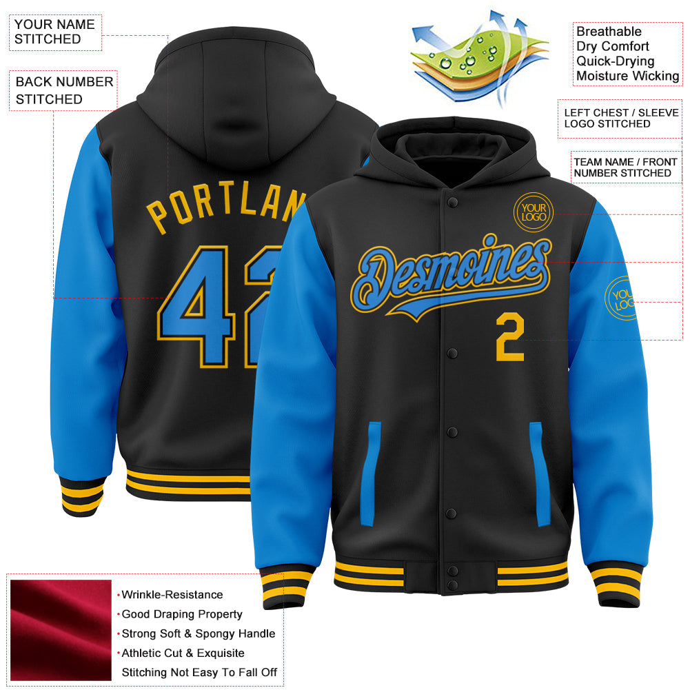 Custom Black Powder Blue-Gold Bomber Full-Snap Varsity Letterman Two Tone Hoodie Jacket view 3