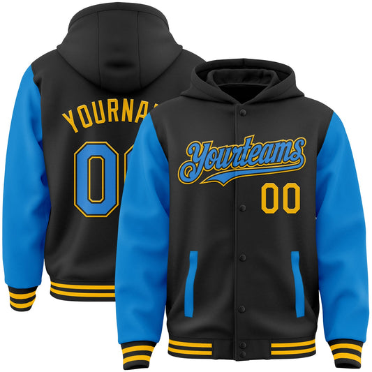 Custom Black Powder Blue-Gold Bomber Full-Snap Varsity Letterman Two Tone Hoodie Jacket - Main View