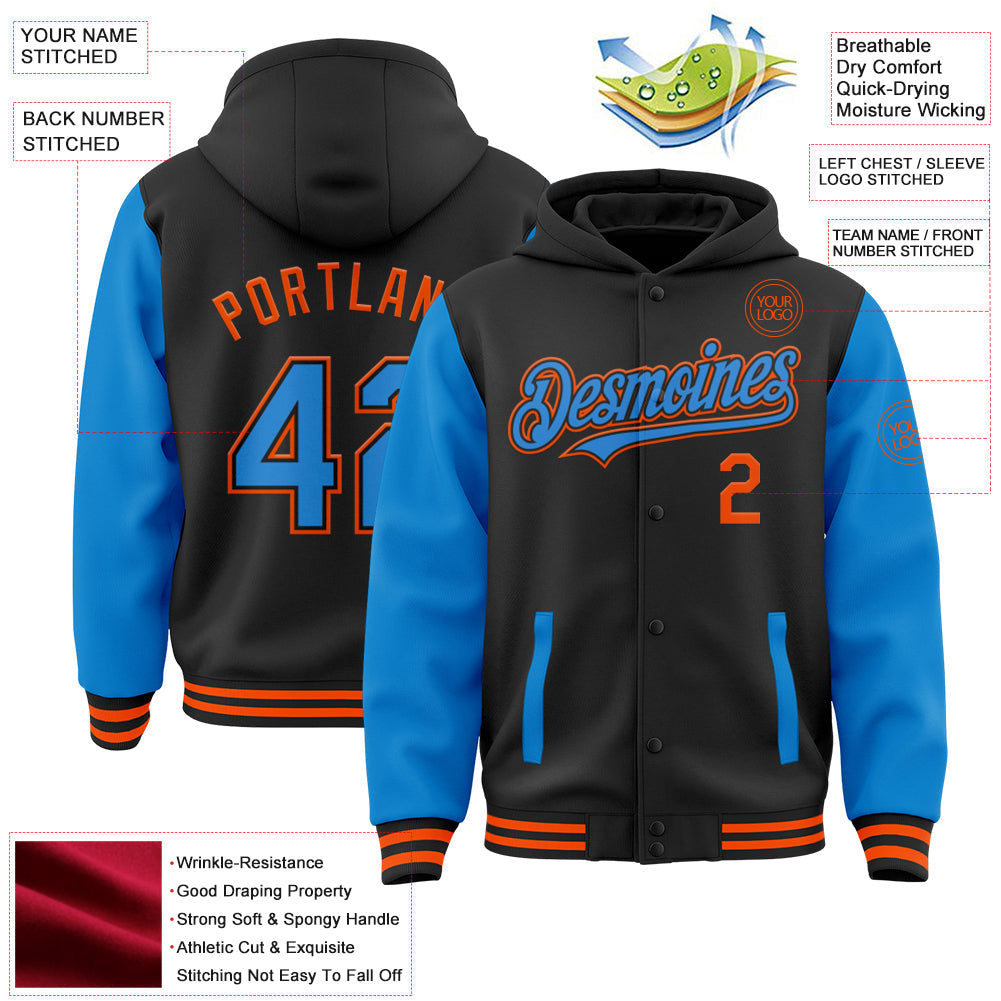 Custom Black Powder Blue-Orange Bomber Full-Snap Varsity Letterman Two Tone Hoodie Jacket view 3
