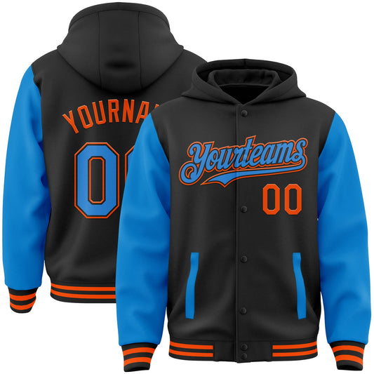 Custom Black Powder Blue-Orange Bomber Full-Snap Varsity Letterman Two Tone Hoodie Jacket - Main View