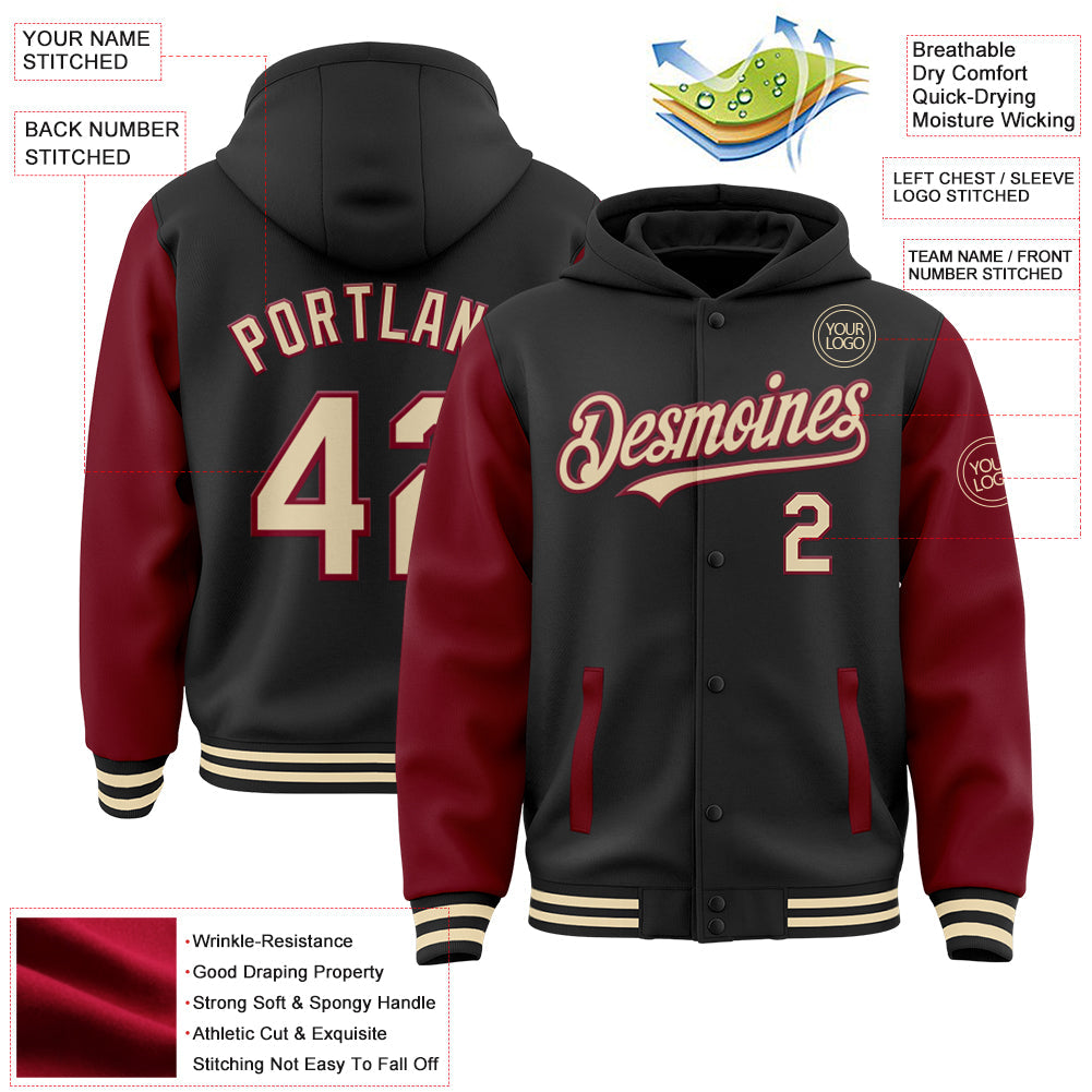 Custom Black Cream-Crimson Bomber Full-Snap Varsity Letterman Two Tone Hoodie Jacket view 3