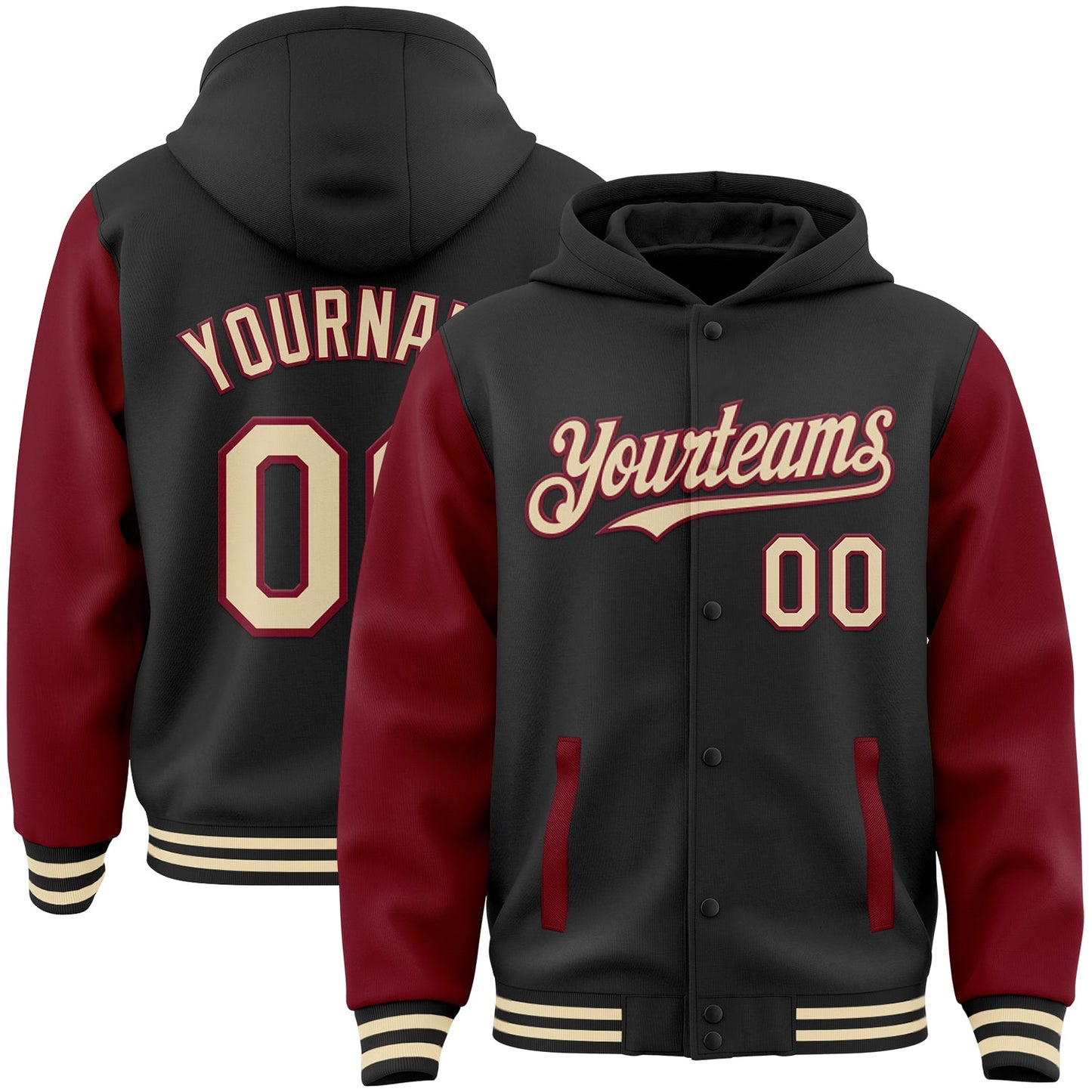 Custom Black Cream-Crimson Bomber Full-Snap Varsity Letterman Two Tone Hoodie Jacket - Main View