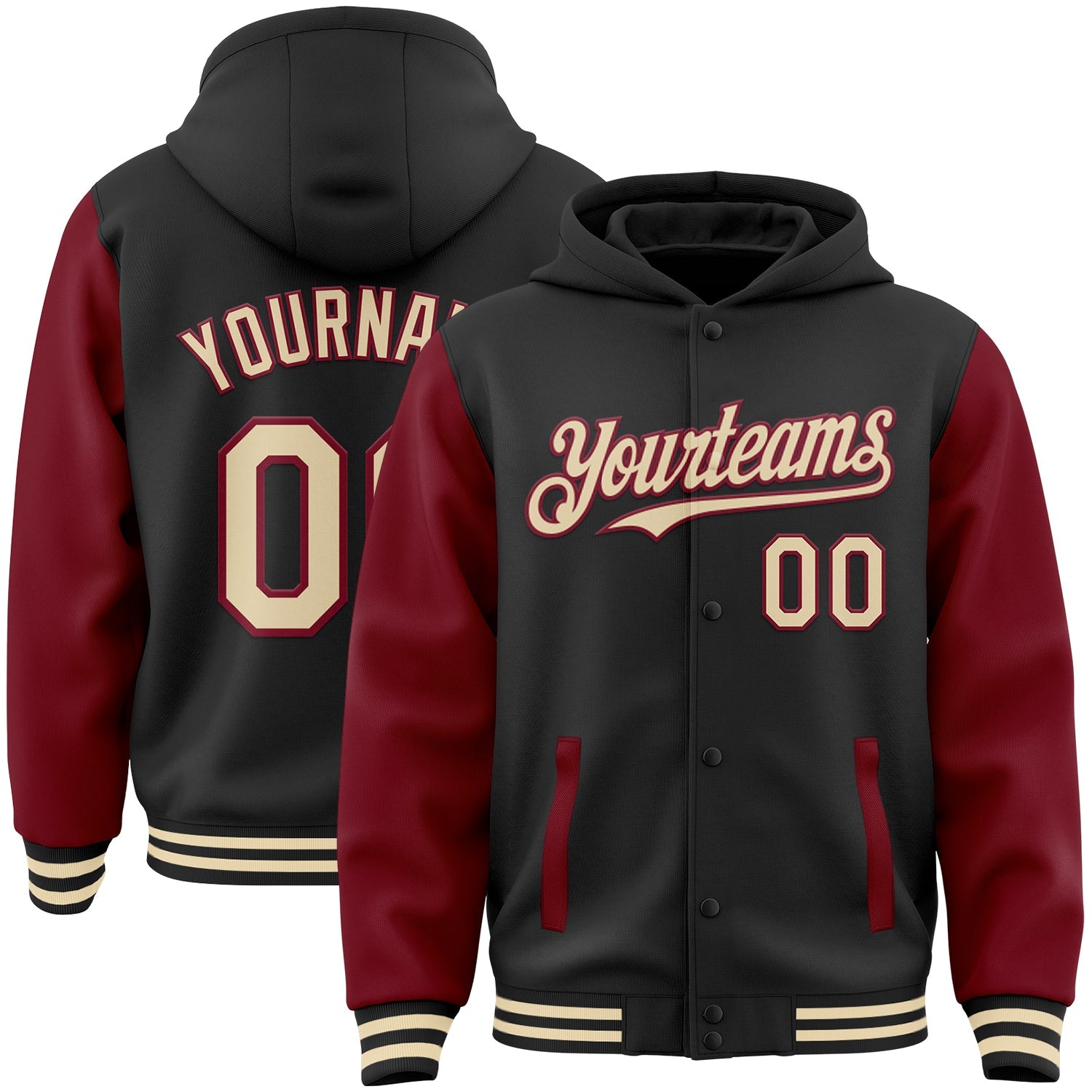 Custom Black Cream-Crimson Bomber Full-Snap Varsity Letterman Two Tone Hoodie Jacket - Main View
