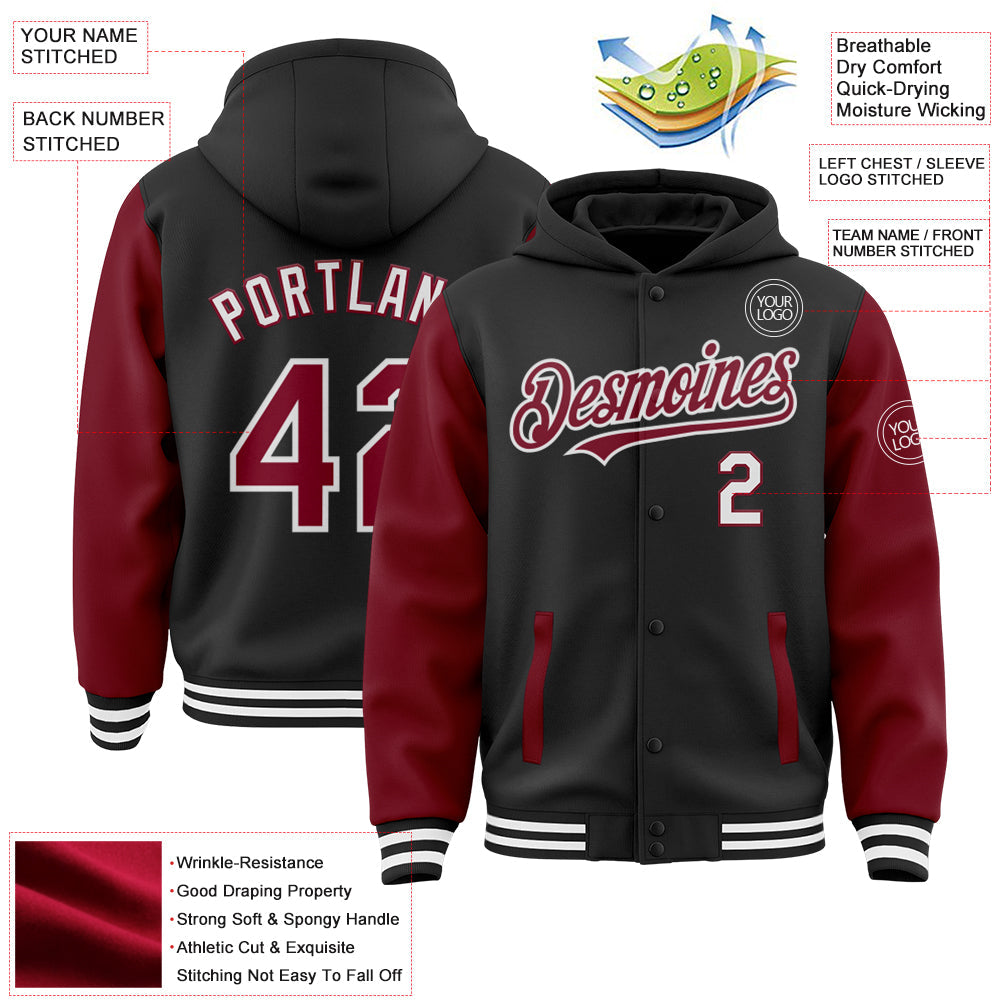 Custom Black Crimson-White Bomber Full-Snap Varsity Letterman Two Tone Hoodie Jacket view 3