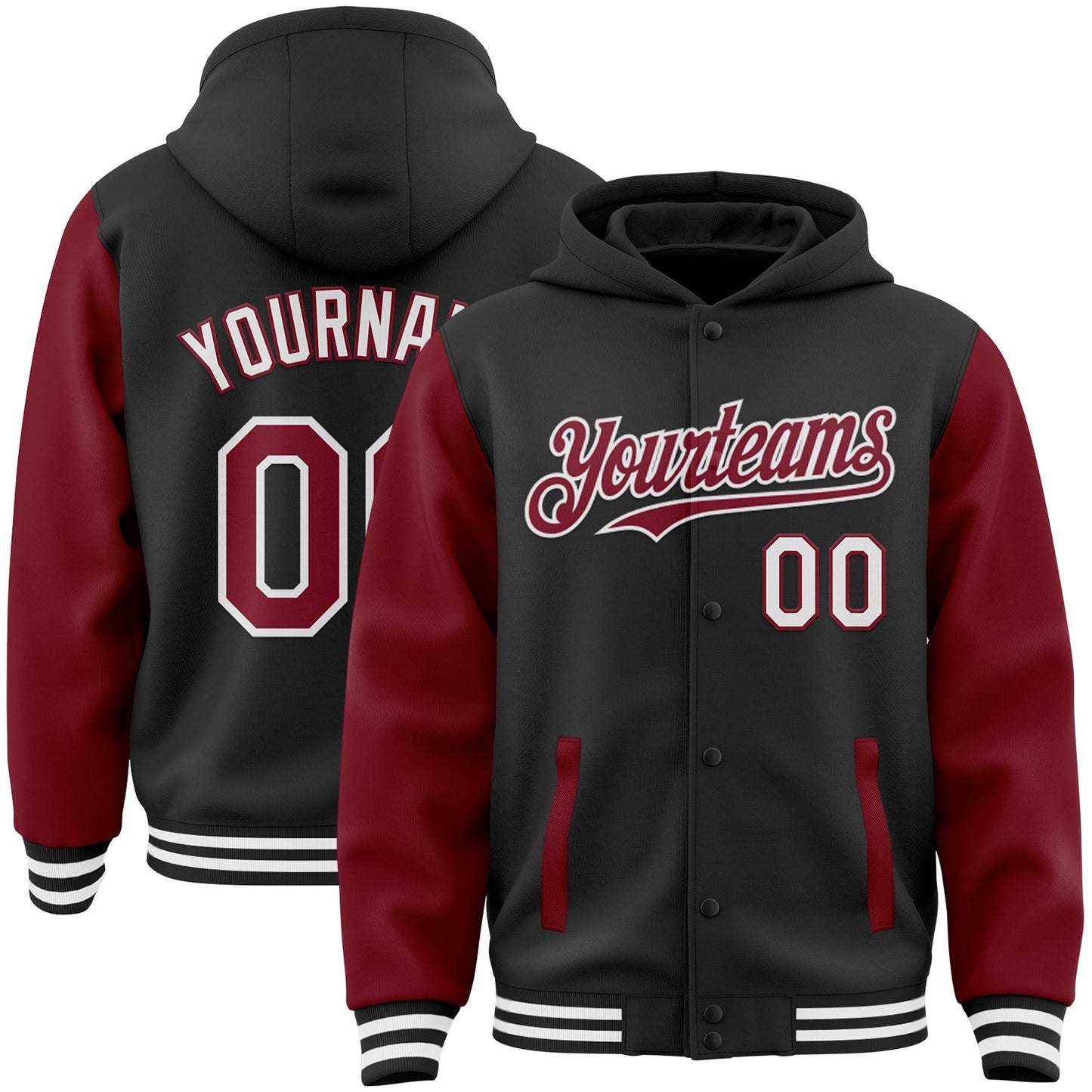 Custom Black Crimson-White Bomber Full-Snap Varsity Letterman Two Tone Hoodie Jacket - Main View